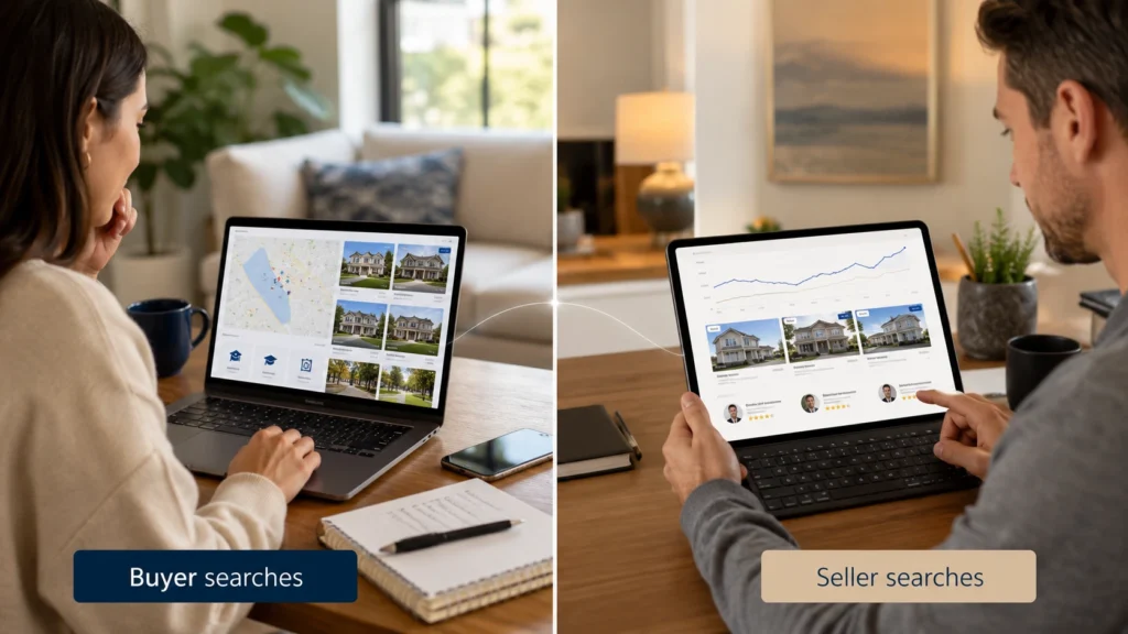 buyer and seller searching different real estate information before contacting an agent