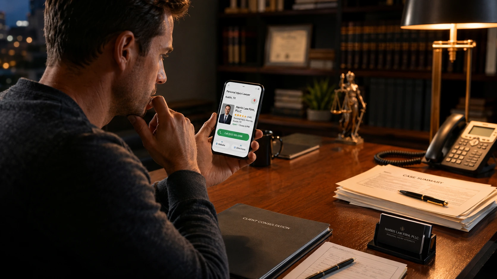 legal client searching for a lawyer and deciding to call a trusted law firm