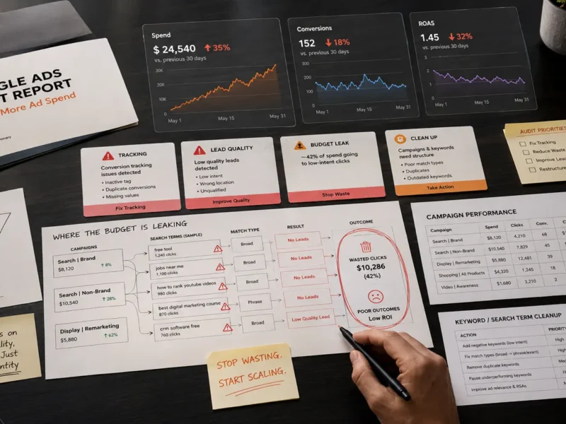 Google Ads audit workspace showing wasted ad spend, tracking issues, weak lead quality, and campaign budget leaks before scaling