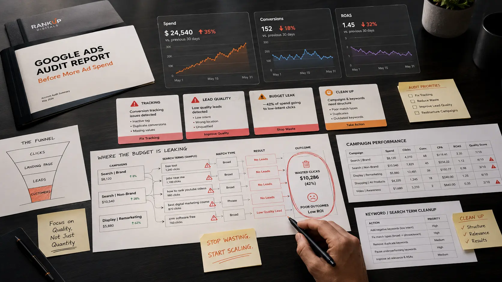 Google Ads audit workspace showing wasted ad spend, tracking issues, weak lead quality, and campaign budget leaks before scaling