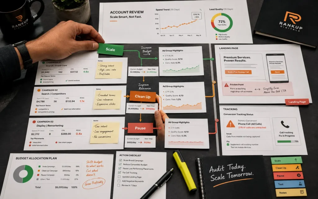 Paid ads planning scene showing campaigns marked for scaling, cleanup, pause, landing page review, and conversion tracking fixes