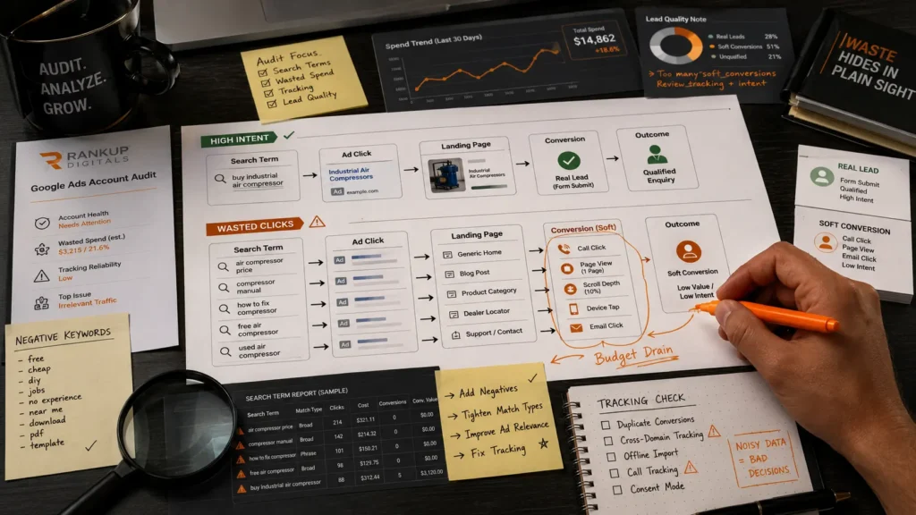 Google Ads audit scene showing search-term waste, negative keyword review, and conversion tracking paths being checked for low-quality leads